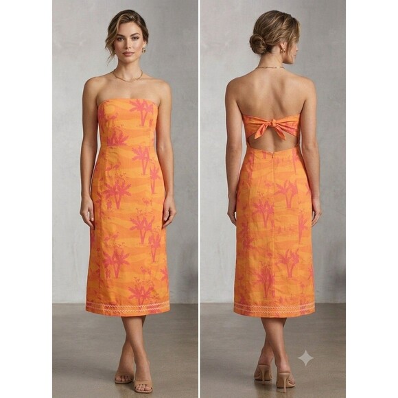 Lilly Pulitzer Dresses & Skirts - ​Lilly Pulitzer Vintage Strapless Dress Sz 8 Orange Pink Flamingo Palm Tie Back